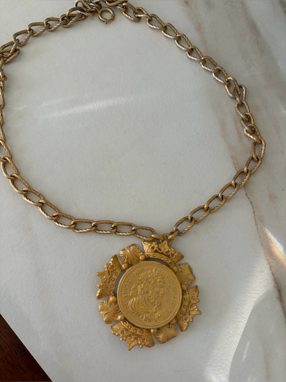Antique-Art Deco Gold Tone Medallion Pendant Necklace